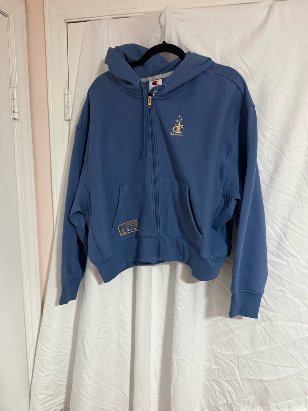 Champion Navy Hoodie with Gold Patch